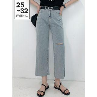 Slit-knee Distressed Wide-leg Jeans