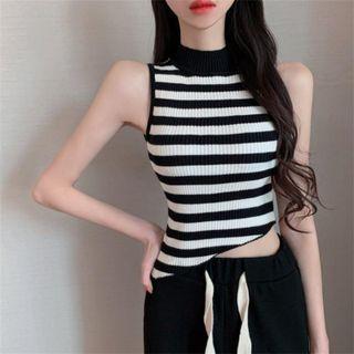Mock-neck Striped Sleeveless Knit Top
