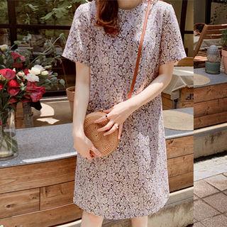 Round-neck Floral Print Dress Purple - One Size