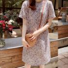 Round-neck Floral Print Dress Purple - One Size