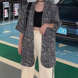 Elbow-sleeve Leopard Print Blazer Leopard - One Size