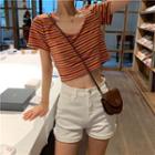 U-neck Short-sleeve Striped Cropped Top