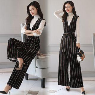Cowl-neck Long Sleeve Top + V-neck Striped Wide-leg Jumper Pants