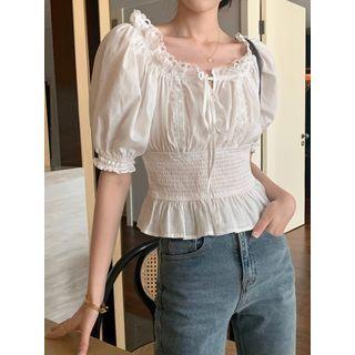 Puff-sleeve Frilled Slim-fit Blouse White - One Size