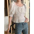 Puff-sleeve Frilled Slim-fit Blouse White - One Size