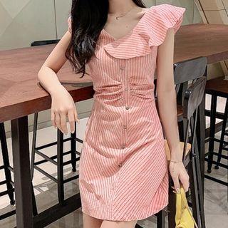 Asymmetric Ruffle Trim Striped Mini Dress