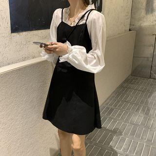 Lace Trim Blouse / Spaghetti-strap A-line Dress
