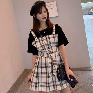 Mock Two-piece Plaid Panel Elbow-sleeve Mini A-line Dress