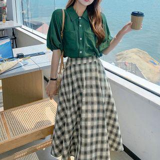 Set: Puff-sleeve Blouse + Plaid Midi A-line Skirt