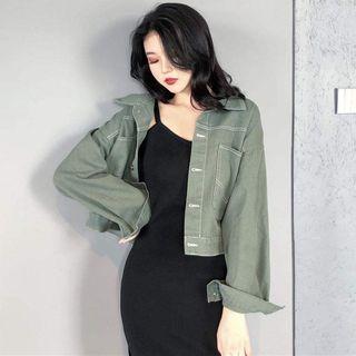 Long-sleeve Plain Denim Jacket / Sleeveless Plain Dress