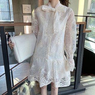 Tie-neck Long-sleeve Lace Shift Dress / Open Back Vest