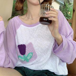 Long-sleeve Crochet Knit Flower Raglan T-shirt