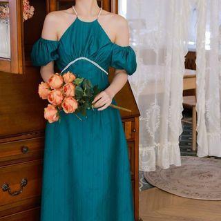 Short-sleeve Cold Shoulder Beaded Midi Dress