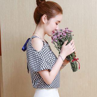 Checked Cold Shoulder Short-sleeve Blouse