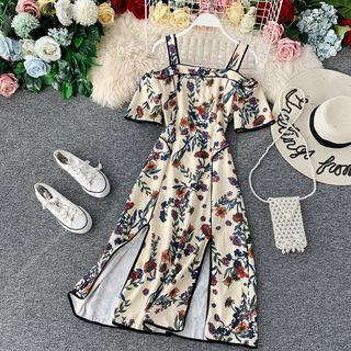 Elbow-sleeve Cold Shoulder Floral A-line Midi Dress Floral - Almond - One Size