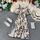 Elbow-sleeve Cold Shoulder Floral A-line Midi Dress Floral - Almond - One Size