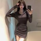 Long-sleeve Hooded V-neck Plain Drawstring Sheath Dress