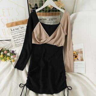 Boatneck Drawstring-side Colorblock Mini Dress Black - One Size