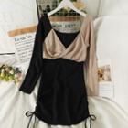 Boatneck Drawstring-side Colorblock Mini Dress Black - One Size