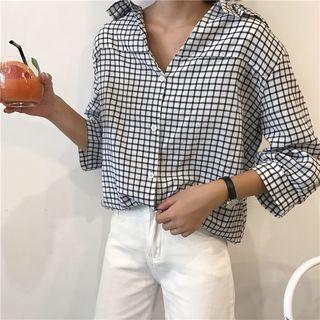 V-neck 3/4 Sleeve Plaid Shirt