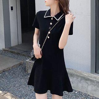 Short-sleeve Contrast Trim A-line Polo Dress