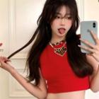 Short-sleeve Leopard Print Heart Cropped T-shirt Red - One Size