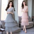 V-neck 3/4-sleeve A-line Tiered Dress