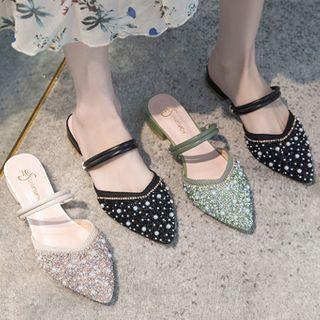 Faux Pearl Pointy-toe Chunky-heel Mules