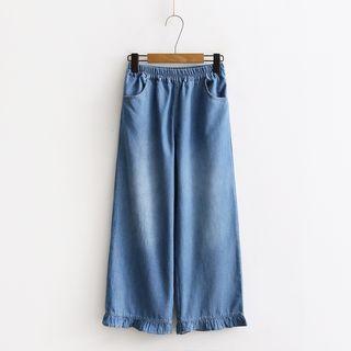 Frill Trim Washed Cropped Wide-leg Jeans