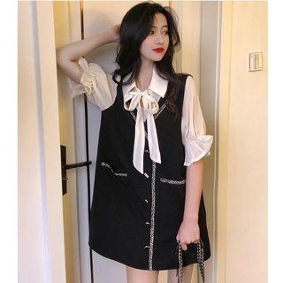Mock Two-piece Short-sleeve Buttoned Mini Dress As Shown In Figure - One Size