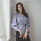 Frill Gathered-waist Long-sleeved Striped V-neck Blouse
