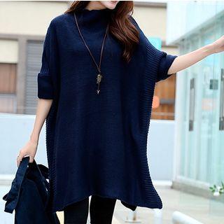 Batwing-sleeve Plain Sweater Blue - One Size