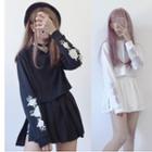 Set: Floral Embroidered Crop Hoodie + Mini Pleated Skort Set - White - One Size