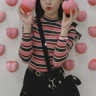 Long-sleeve Striped Top Pink - One Size