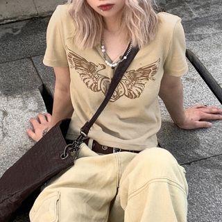 Short-sleeve Angel-wings Print Ribbed T-shirt