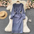 Round-neck Pearl Puff-sleeve Corduroy Dress