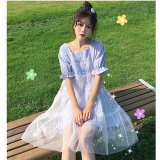 Elbow-sleeve Frill Trim Mesh Overlay Plaid A-line Dress