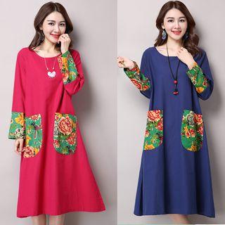 Long-sleeve Floral A-line Midi Dress