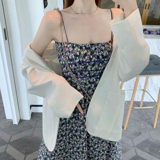 Plain Blazer / Floral Strappy Midi A-line Dress