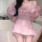 Faux Fur Tube Top / Faux Fur Cropped Jacket / Pleated Faux Leather Mini Skirt