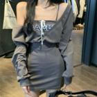 Mock Two-piece Cold-shoulder Lettering Dress