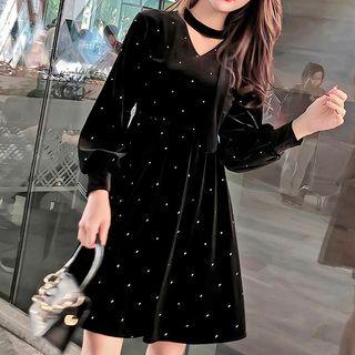 Puff-sleeve Dotted Pleuche A-line Dress