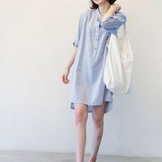 Elbow-sleeve Placket Mini Shirt Dress