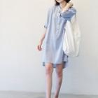 Elbow-sleeve Placket Mini Shirt Dress