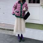 Plaid Cardigan / Midi A-line Lace Skirt