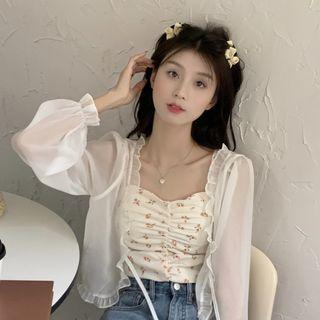 Floral Print Shirred Camisole Top / Ruffled Jacket