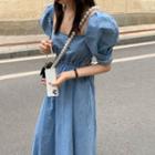 Short-sleeve Cutout Denim Midi Dress Light Blue - One Size