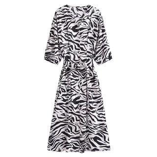 Elbow-sleeve Zebra Print Maxi A-line Dress