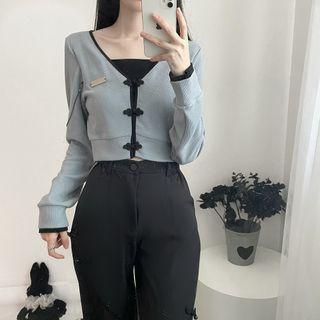 Long-sleeve Mock Two-piece Frog Button Knit Top