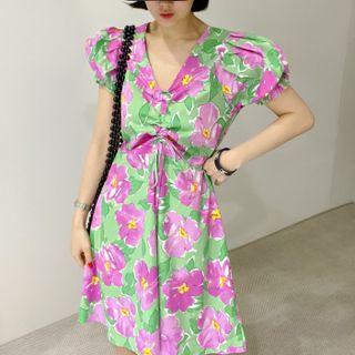 Puff Sleeve V-neck Floral Print Drawstring Mini A-line Dress